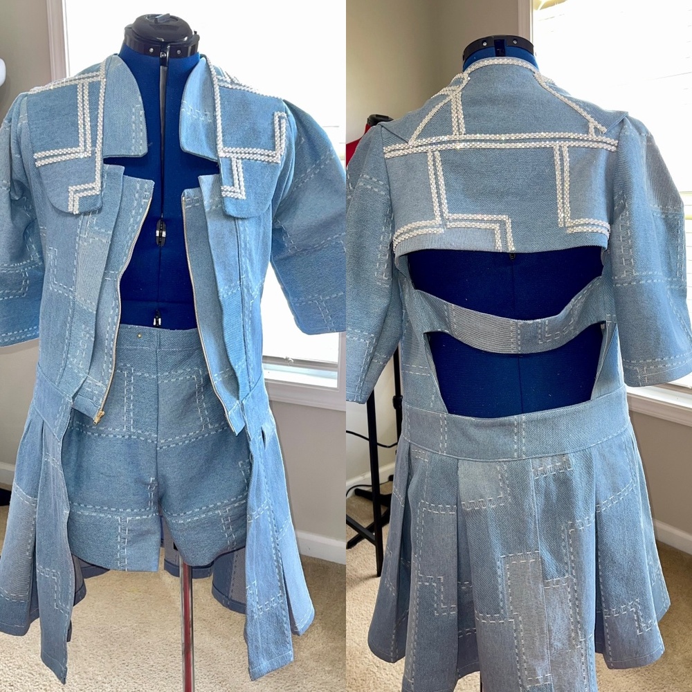 Patchwork denim short set